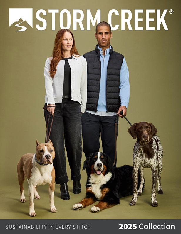 Storm Creek catalog cover, woman, man and three dogs