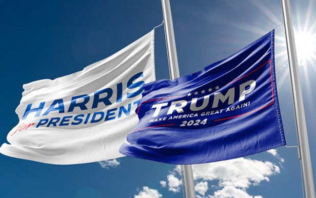 harris and trump flags waving